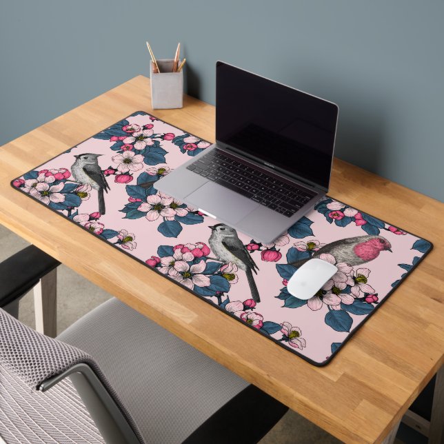 Birds and Blossoms on pink Desk Mat (Office 2)