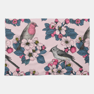 Birds and Blossoms on pink Kitchen Towel