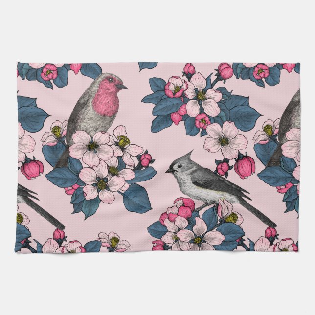 Birds and Blossoms on pink Kitchen Towel (Horizontal)