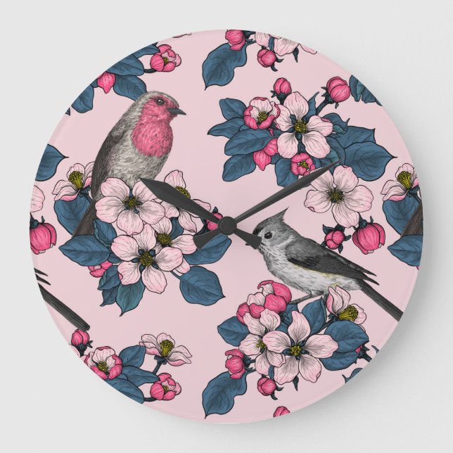 Birds and Blossoms on pink Large Clock (Front)