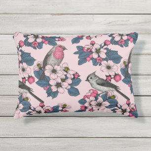 Birds and Blossoms on pink Outdoor Pillow