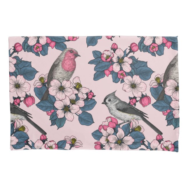 Birds and Blossoms on pink Pillow Case (Front-Left)