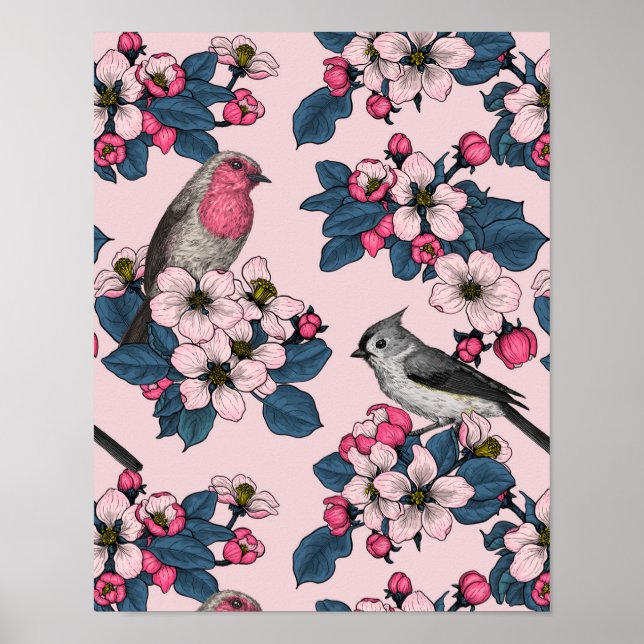 Birds and Blossoms on pink Poster (Front)