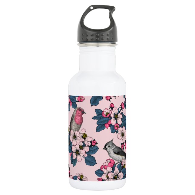 Birds and Blossoms on pink Stainless Steel Water Bottle (Front)