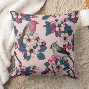 Birds and Blossoms on pink Throw Pillow