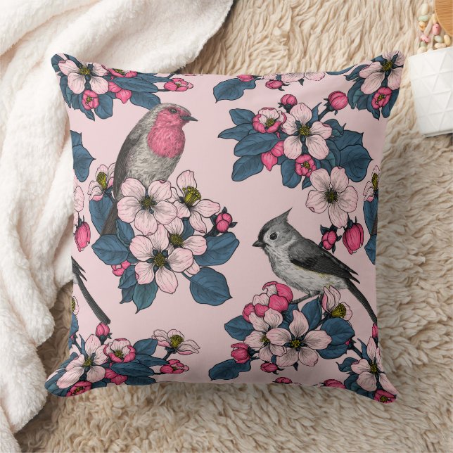 Birds and Blossoms on pink Throw Pillow (Blanket)