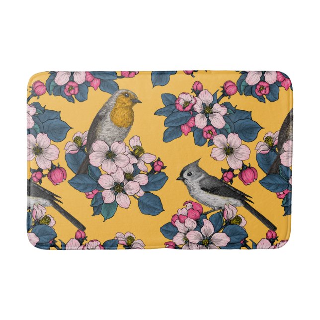 Birds and Blossoms on yellow Bath Mat (Front)