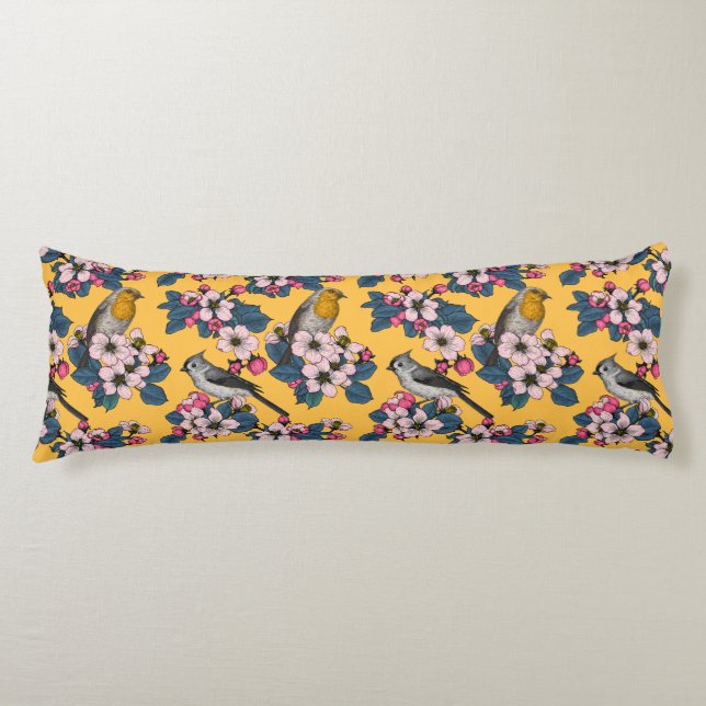 Birds and Blossoms on yellow Body Pillow (Front)