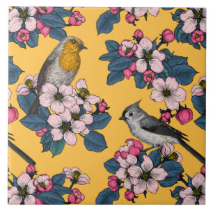 Birds and Blossoms on yellow Ceramic Tile