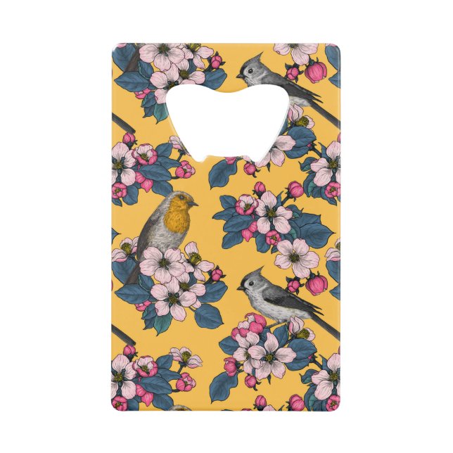 Birds and Blossoms on yellow Credit Card Bottle Opener (Front)
