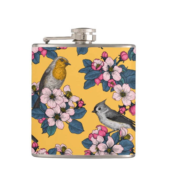 Birds and Blossoms on yellow Flask (Front)