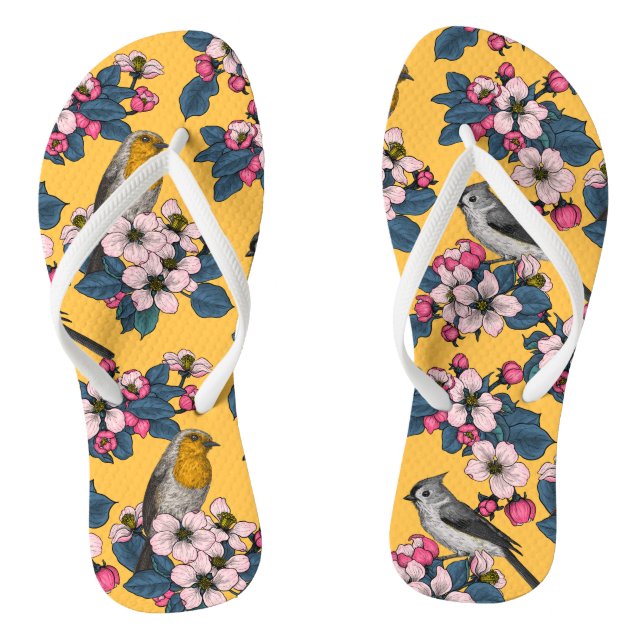 Birds and Blossoms on yellow Flip Flops (Footbed)