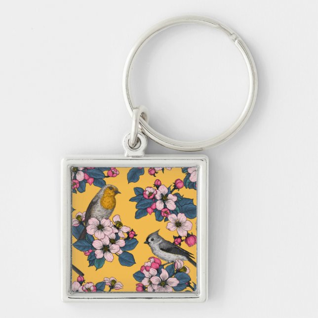 Birds and Blossoms on yellow Keychain (Front)