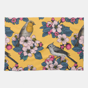 Birds and Blossoms on yellow Kitchen Towel