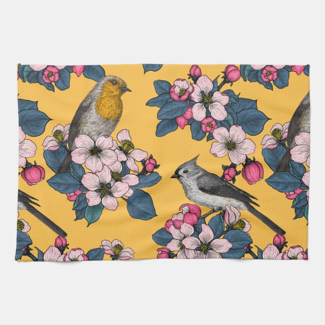 Birds and Blossoms on yellow Kitchen Towel (Horizontal)