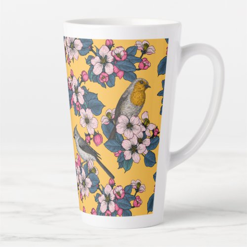Birds and Blossoms on yellow Latte Mug