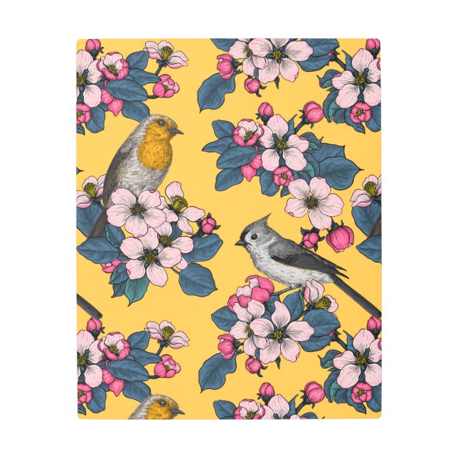 Birds and Blossoms on yellow Metal Print (Front)