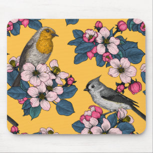 Birds and Blossoms on yellow Mouse Pad