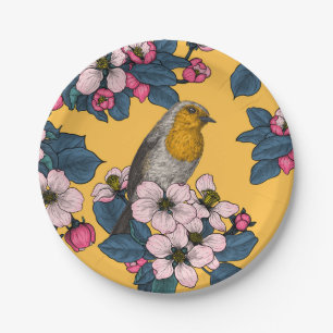 Birds and Blossoms on yellow Paper Plates