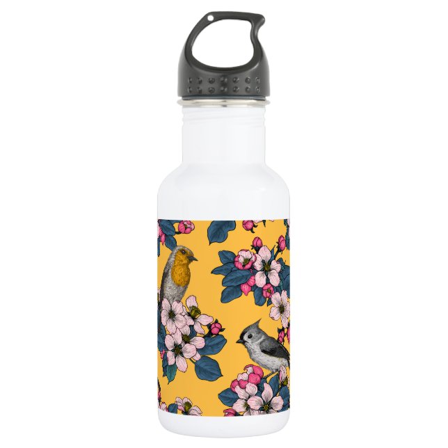 Birds and Blossoms on yellow Stainless Steel Water Bottle (Front)