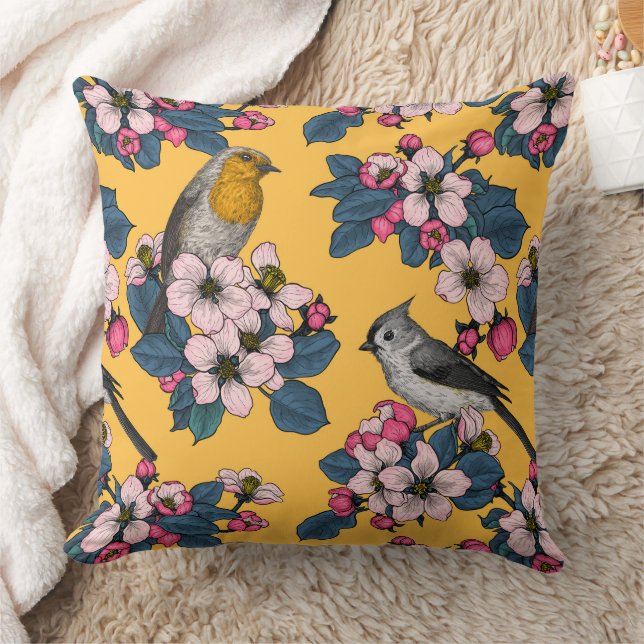 Birds and Blossoms on yellow Throw Pillow (Blanket)