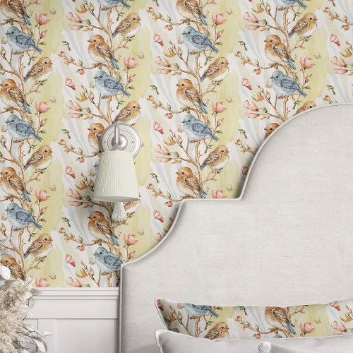 Birds And Branches On Yellow Wallpaper