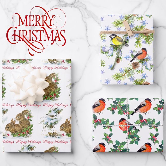 Birds and Bunnies Personalize Christmas 3 Wrapping Paper Sheets (Creator Uploaded)