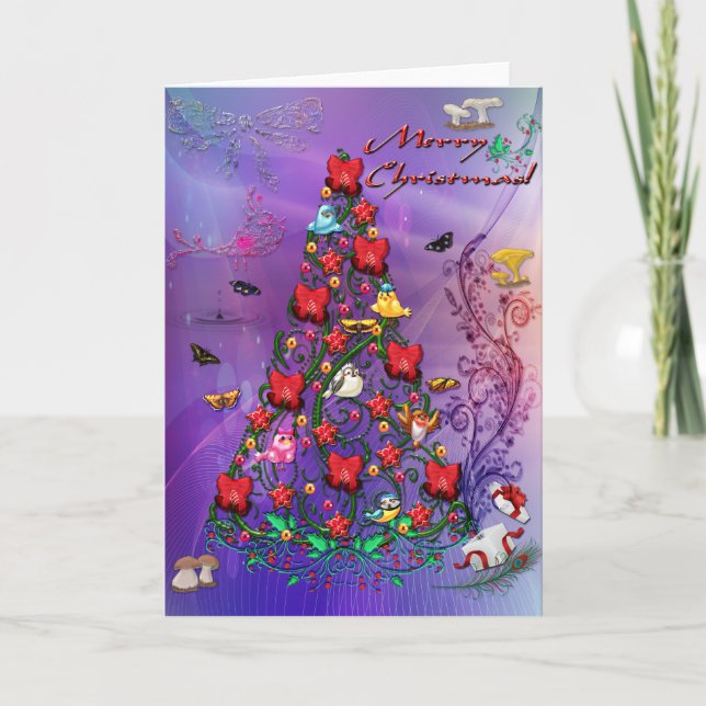 Birds and Butterflies Christmas Tree Art Holiday Card (Front)