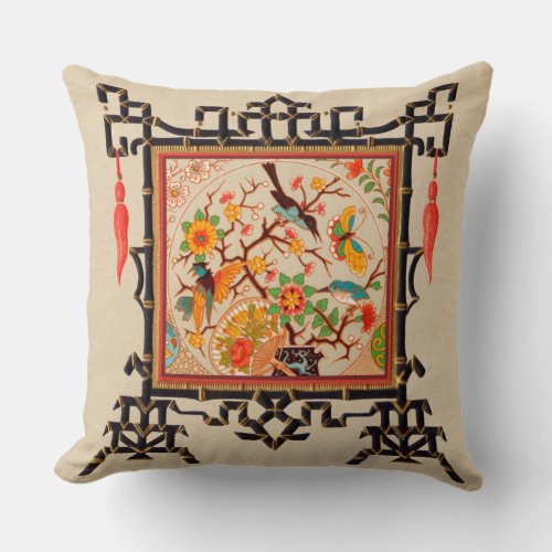 Birds and Butterflies with Bamboo Border Throw Pillow