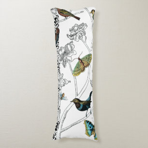 Birds and Butterfly on a Black & White Background Body Pillow
