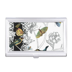 Birds and Butterfly on a Black & White Background Business Card Case