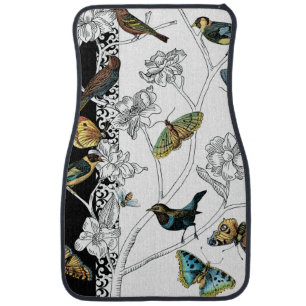 Birds and Butterfly on a Black & White Background Car Floor Mat