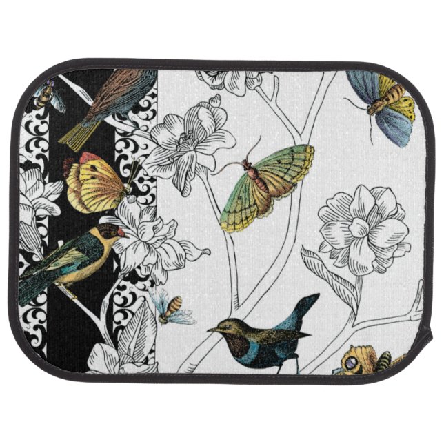 Birds and Butterfly on a Black & White Background Car Mat (Rear)