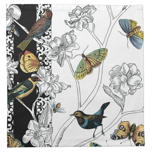 Birds and Butterfly on a Black & White Background Cloth Napkin (Front)
