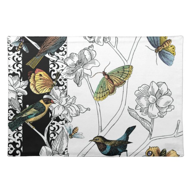 Birds and Butterfly on a Black & White Background Cloth Placemat (Front)