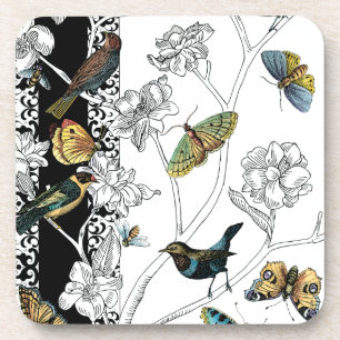 Birds and Butterfly on a Black & White Background Coaster