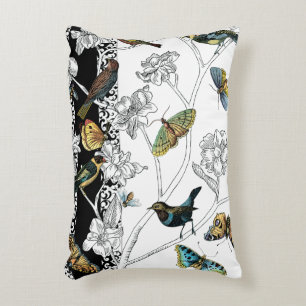 Birds and Butterfly on a Black & White Background Decorative Pillow