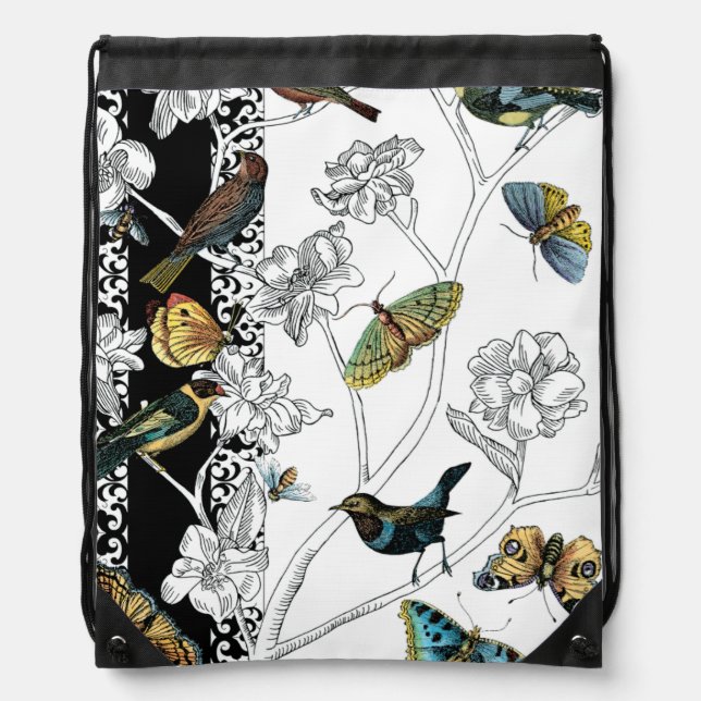 Birds and Butterfly on a Black & White Background Drawstring Bag (Front)