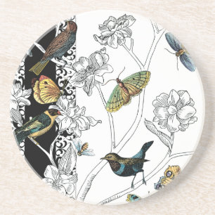 Birds and Butterfly on a Black & White Background Drink Coaster