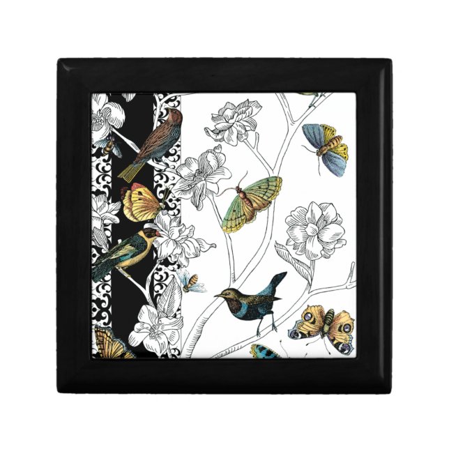 Birds and Butterfly on a Black & White Background Gift Box (Front)