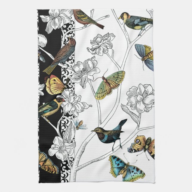 Birds and Butterfly on a Black & White Background Kitchen Towel (Vertical)
