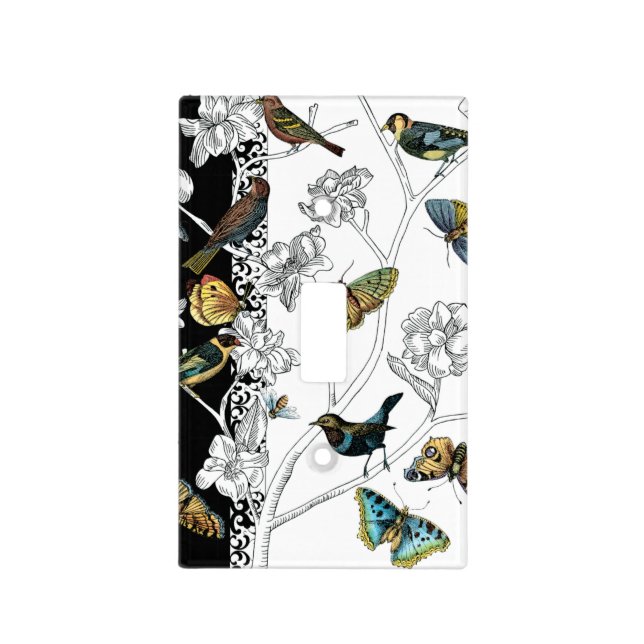 Birds and Butterfly on a Black & White Background Light Switch Cover (Front)