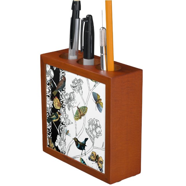 Birds and Butterfly on a Black & White Background Pencil/Pen Holder (In Situ)