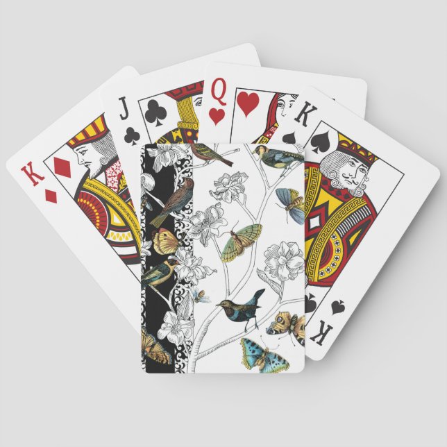 Birds and Butterfly on a Black & White Background Poker Cards (Back)