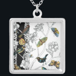 Birds and Butterfly on a Black & White Background Silver Plated Necklace<br><div class="desc">Artist Chariklia Zarris is a talented painter and designer. She likes painting birds and wild animals and this picture is no exception. The vivid colors of birds and the butterflies are accentuated by the black and white branches in the background.</div>