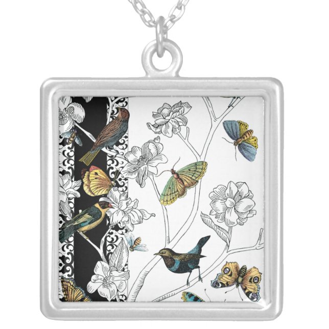 Birds and Butterfly on a Black & White Background Silver Plated Necklace (Front)