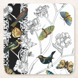 Birds and Butterfly on a Black & White Background Square Paper Coaster