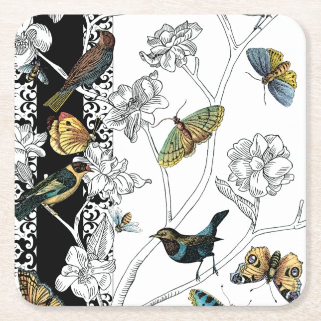 Birds and Butterfly on a Black & White Background Square Paper Coaster (Front)