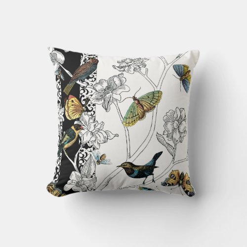 Birds and Butterfly on a Black  White Background Throw Pillow