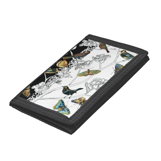 Birds and Butterfly on a Black & White Background Tri-fold Wallet (Bottom)